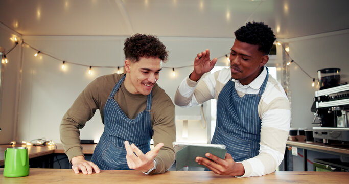 Tablet, team and men in food truck outdoor for online orders, customer review and celebrate sales. Restaurant, mobile cafe and happy waiters on digital tech for bistro ratings, website and success