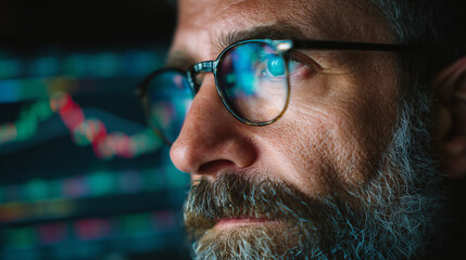 A close-up portrait of an adult man with glasses, looking at the screen on which stock market charts
