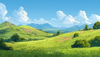 Obraz premium Sun-Kissed Hills: A breathtaking vista of rolling green hills bathed in the golden glow of the sun