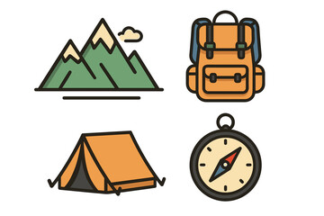 Adventure icons: mountain, backpack, tent, compass for outdoor exploration