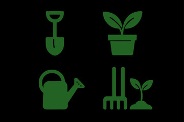 Green gardening icons: shovel, plant pot, watering can, rake, seedling