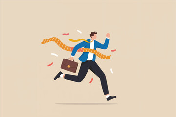 Successful businessman in a blue suit and yellow tie running and breaking through a finish line ribbon with confetti isolated on transparent background