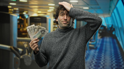 Hispanic man inside gym holding england banknotes, appearing thoughtful with sports equipment...
