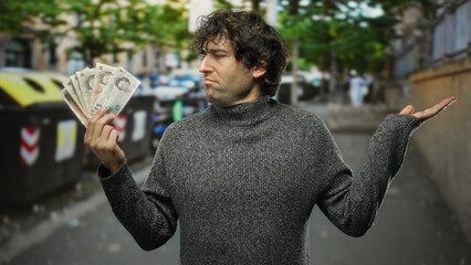 Hispanic man holding british pounds stands outdoors by recycling bins amid trash, conveying...