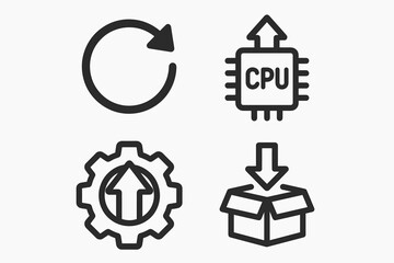 Fototapeta premium Update icons: refresh, cpu, settings, download box symbols in black and white