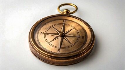 Vintage brass compass with north direction on white background for navigation travel and adventure concept
