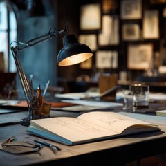 A stylish desk lamp casts warm light in a creative workspace.
