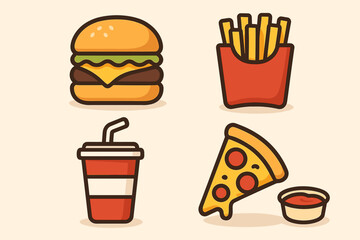 Cartoon fast food icons with burger, fries, pizza, and soda