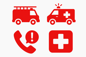 Emergency icons: ambulance, fire truck, alert, medical cross symbols in red