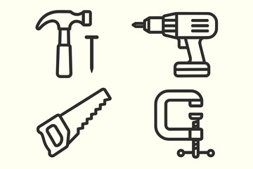 Outline illustration of tools: hammer, electric drill, saw, and c-clamp
