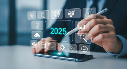 Businessperson Operating Tablet Interface With 2025 Data and AI Trends for Innovation and Digital Strategy