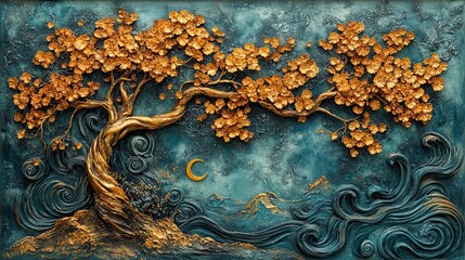Gold-leaf tree sculpture on a textured teal background.