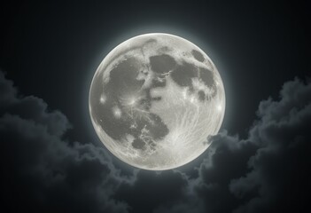 A luminous full moon shining brightly in the dark night sky surrounded by soft clouds