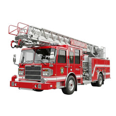 Red fire truck with extended ladder isolated on transparent background