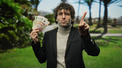Hispanic man in a park holding argentine pesos with one finger extended, surrounded by lush...