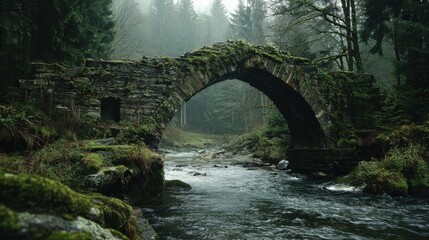 Serene misty bridge over tranquil river enchanted forest nature photography calm environment low angle dreamlike setting