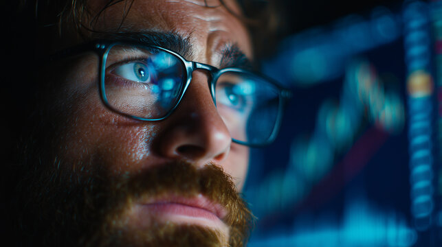 Close-up of a bearded man with glasses looking at a computer screen displaying stock market charts and graphs