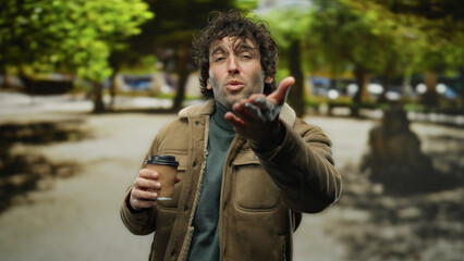 Young man in a park blowing a kiss to the camera, holding a coffee cup, wearing a jacket,...