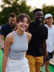 Group of friends enjoying outdoor sports activity at a park happy atmosphere vibrant environment casual viewpoint