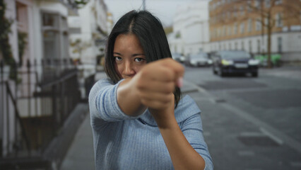 Fototapeta premium Young chinese woman in fighting stance on a vibrant city street, exuding strength and confidence amid urban surroundings with buildings and cars in the background.