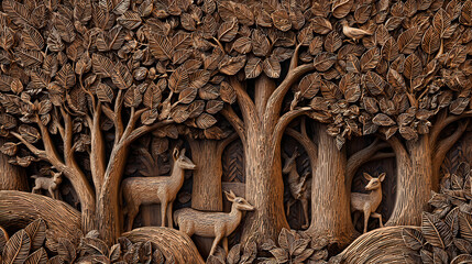 Intricate Wooden Carving of a Lush Forest Scene with Wildlife