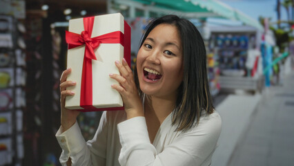 Woman happily holds a gift box on a vibrant city street market showcasing a festive outdoor...