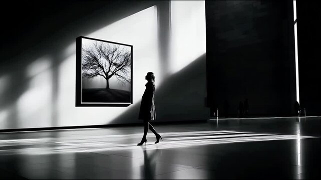 A stylish woman in silhouette explores an art gallery, captivated by a large tree videograph.