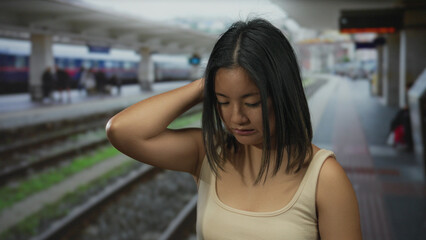 Woman standing outdoors at a busy train station, appearing thoughtful amidst the blurred background...