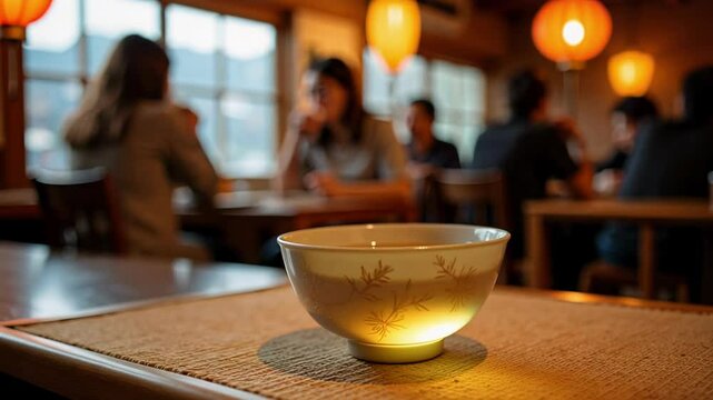 Experience a peaceful evening with warm sake in an elegant cup on a tatami mat, bathed in the soft glow of a lantern near an izakaya.
