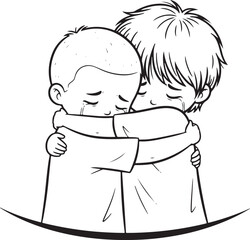  A vector illustration of two young boys hugging while crying, conveying a moment of shared grief and comfort..