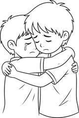 A vector illustration of two young boys hugging, one visibly crying while the other offers comfort