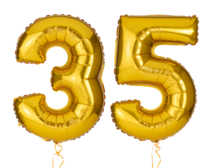 Golden 35 Helium Balloons with Confetti Burst, isolated on transparent background PNG