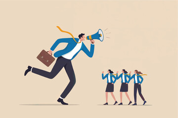 Businessman with megaphone leading a team of women in business suits with ties flowing isolated on transparent background