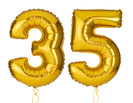 Golden 35 Helium Balloons with Confetti Burst, isolated on transparent background PNG