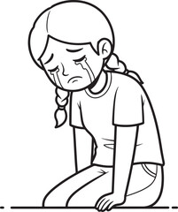 A vector illustration of a young girl crying and kneeling, expressing sadness and distress