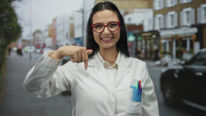 Hispanic woman scientist in uniform gestures on a bustling street, embodying excitement and...