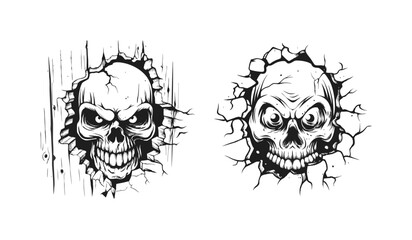 Menacing skulls are isolated on white background, bursting through surfaces with a chilling and macabre presence, perfect for adding a touch of horror
