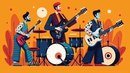 Fototapeta premium Vibrant illustration of a rock band performing live, featuring four members playing guitars and a colorful striped drum set. Set against a bright orange background with stars and abstract elements