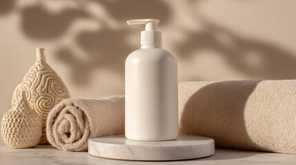 Spa Day Essentials: This image captures the essence of relaxation with a focus on self-care essentials, including a sleek dispenser, rolled towels, and decorative elements bathed in soft light.