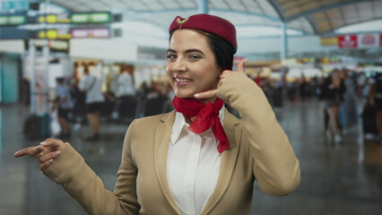 Woman gesturing phone call in airport, wearing flight attendant uniform with a red scarf, smiling...