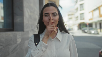 Woman outdoors smiling on an urban street, wearing white shirt, illustrating quiet with finger...