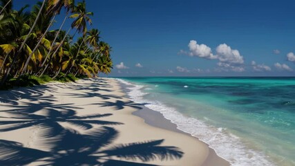 Ultra-realistic video of a pristine tropical beach with soft white sand and turquoise ocean waves gently lapping the shore. Palm trees cast natural shadows on the sand under bright daylight. No people