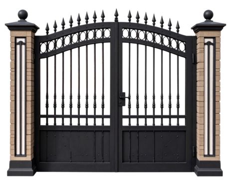 Tall Decorative Wrought Iron Security Gate with Spear Finials, isolated on transparent background.