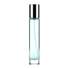 Clear glass spray bottle with silver cap and light blue liquid isolated on transparent background