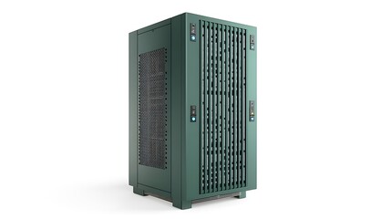 A green server rack stands on a white background in a studio environment view