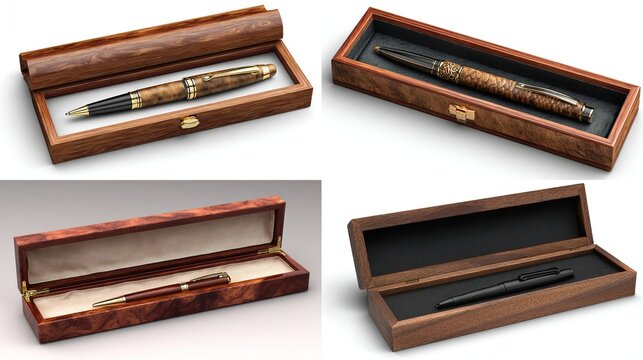 Four wooden pen cases showcasing ornate writing instruments, some open, with various interiors and finishes