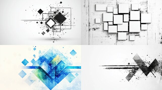 Abstract graphic design, four panels, with black and white, and blue/green geometric shapes, splatter, and textured backgrounds
