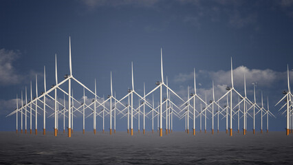 Offshore wind turbines standing in calm sea, representing clean energy, sustainability, and modern renewable power generation in natural environment.