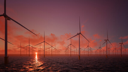 Offshore wind turbines standing in calm sea, representing clean energy, sustainability, and modern renewable power generation in natural environment.
