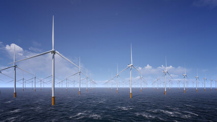 Offshore wind turbines standing in calm sea, representing clean energy, sustainability, and modern...